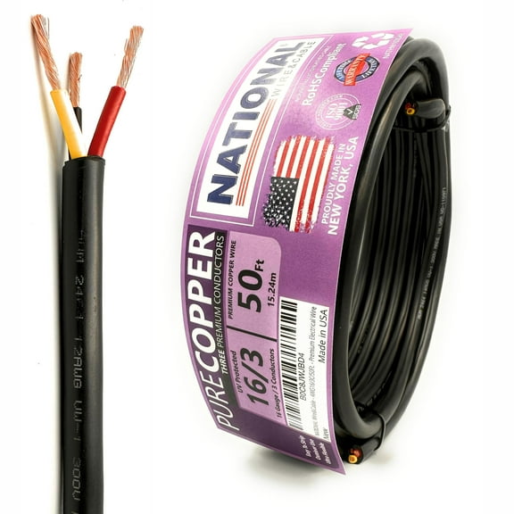 NATIONAL Wire&Cable - Premium Electrical Wire - 16 Gauge 3 Conductors - 50Ft - Made in USA
