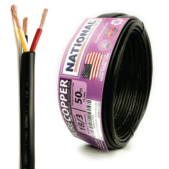 NATIONAL Wire&Cable - Premium Electrical Wire - 18 Gauge 3 Conductors - 50Ft - Made in USA