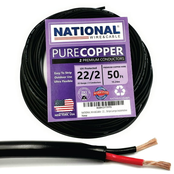 NATIONAL Wire&Cable - Premium Electrical Wire - 22 Gauge 2 Conductors - 50Ft - Made in USA