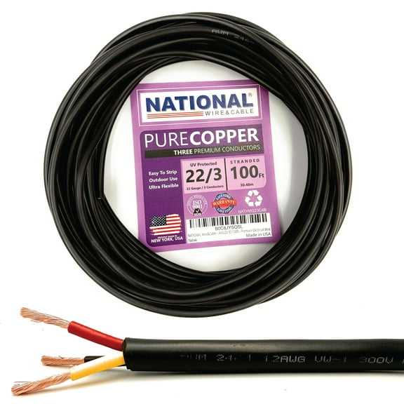 NATIONAL Wire&Cable - Premium Electrical Wire - 22 Gauge 3 Conductors - 100Ft - Made in USA