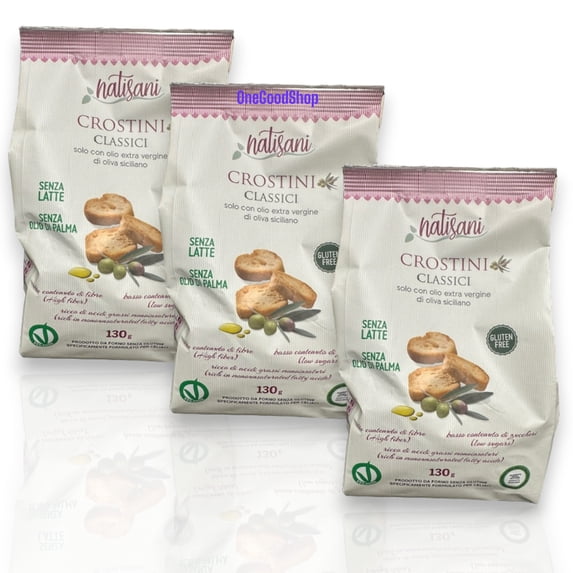 NATISANI Gluten-free Classic Crostini with Olive Oil, Product of Italy, Toasted Bread Slices, All-natural, Flavoring or Preservatives, 130g (Pack of 3)
