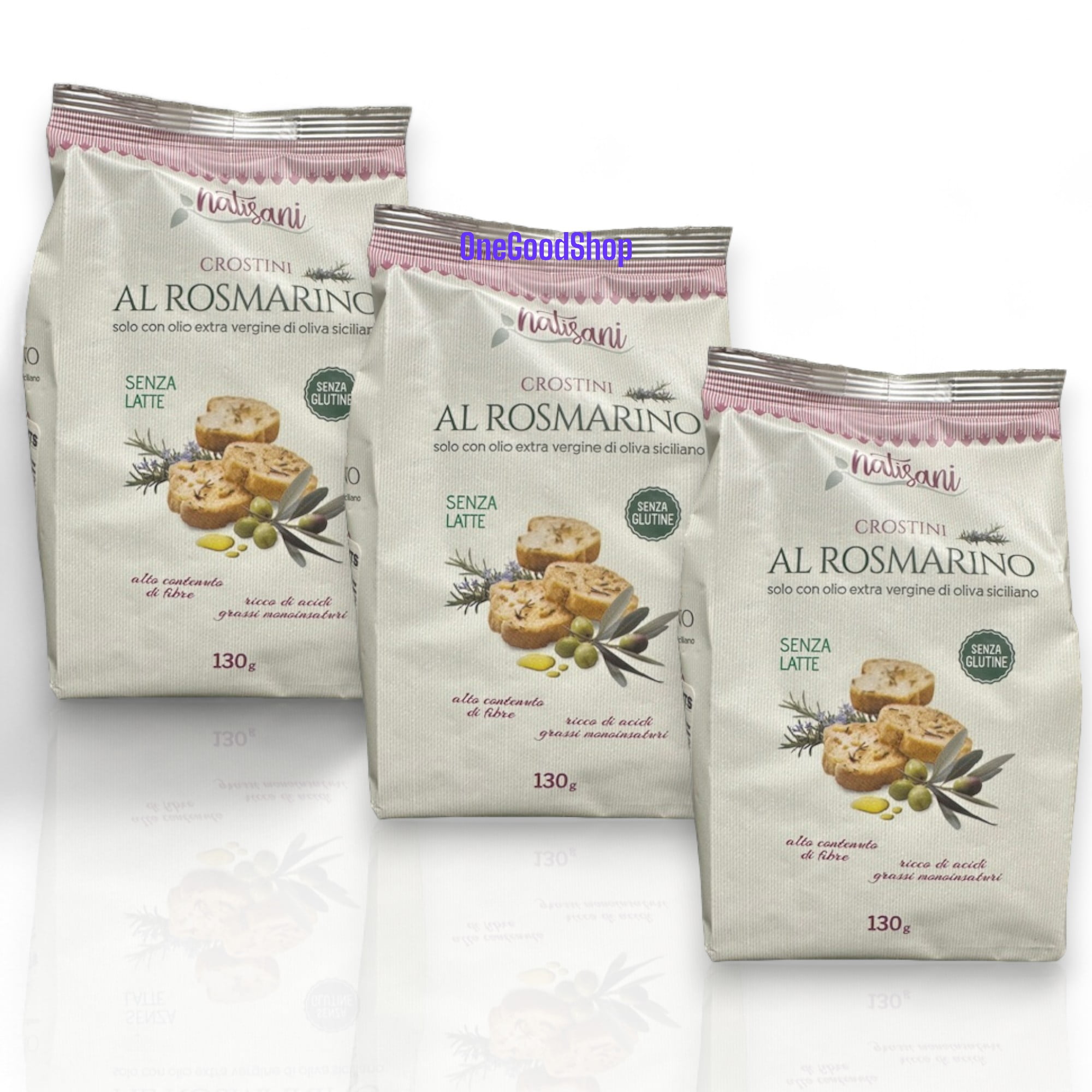 NATISANI Gluten-free Crostini with Rosemary and Olive Oil, Product of Italy, Toasted Bread Slices, All-natural, Flavoring or Preservatives, 130g (Pack of 3)