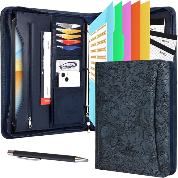NATISERAUM Portfolio Binder, 5 Dividers, 3 Notepads, 3-Ring Organizer, Zippered Padfolio, Vegan Leather Tablet Sleeve, Office Conference Clipboard