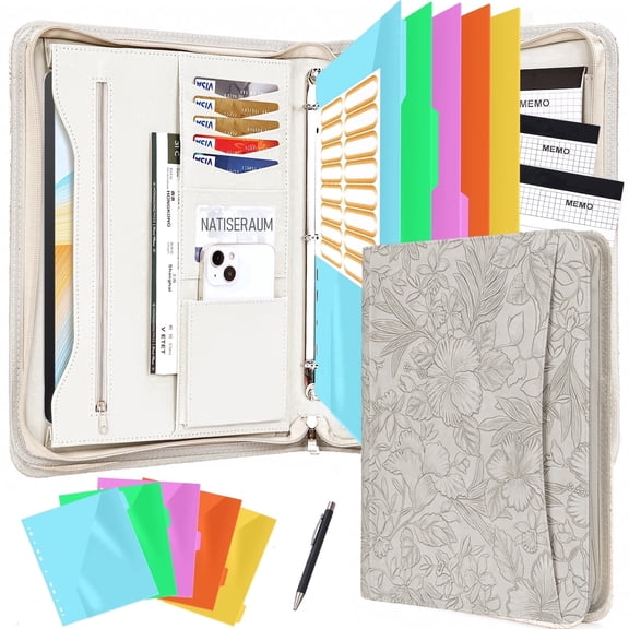 NATISERAUM Portfolio Binder, Padfolio Organizer, 3 Ring Binder with Zipper