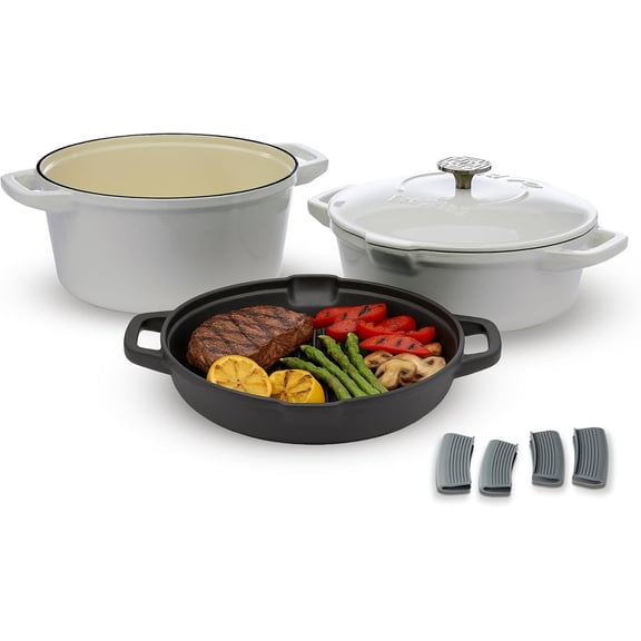 NATIVO 5pc Stackable Cast Iron Cookware Set, Versatile Enamel Dutch Oven, Seasoned Grill Pan & Enamel Braiser with Precision Pour Spouts, Universal Lid, Included Spacers/Handle Holders, White Dutch