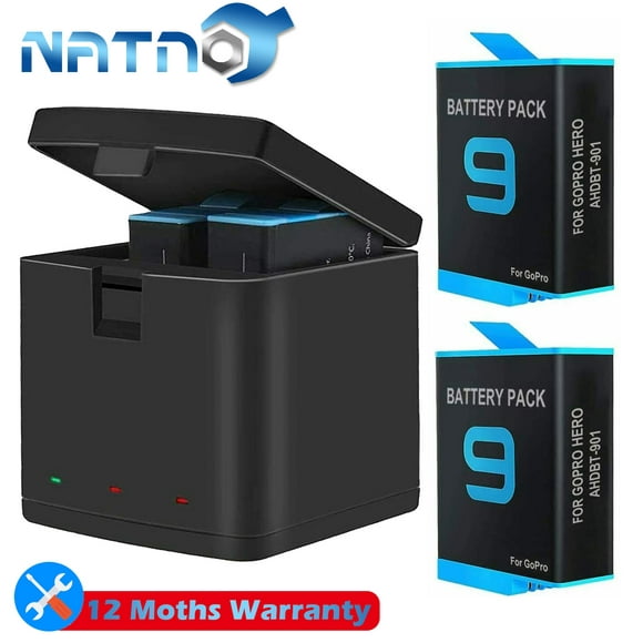 2 Pack Batteries fit for GoPro Hero 9 Black, 3-Channel Battery Charger Station for Hero 12 / Hero 11 / Hero 10/ Hero 9