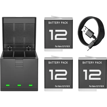NATNO 3 Pack Batteries for GoPro Hero 12 Black, Hero 11 Black, Hero 10 Black, Hero 9 Black Camera, 3-Channel Charger Station for GoPro Hero 12 11 10 9 Camera Batteries