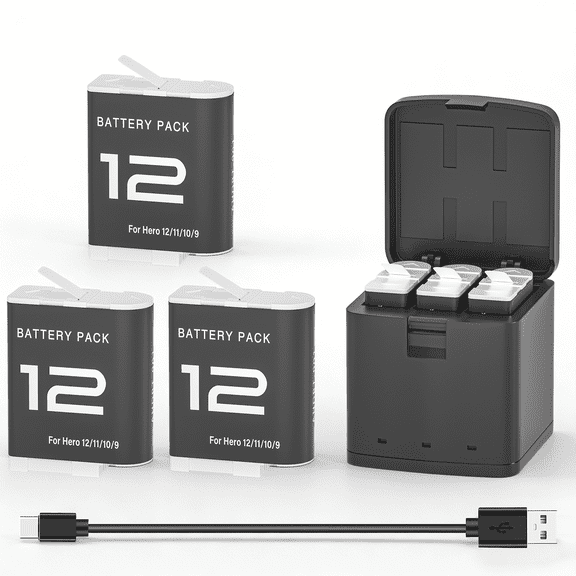 NATNO 3 Pack Batteries for GoPro Hero 12 Black, Hero 11 Black, Hero 10 Black, Hero 9 Black Camera, 3-Channel Charger Station for GoPro Hero 12 11 10 9 Camera Batteries