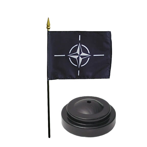 NATO Desk Flag with Base; American Made Rayon 4x6 inch Miniature Table Set Includes One Small Mini Country Stick Flags and One Black Stand (NATO Desk Flag and Base)