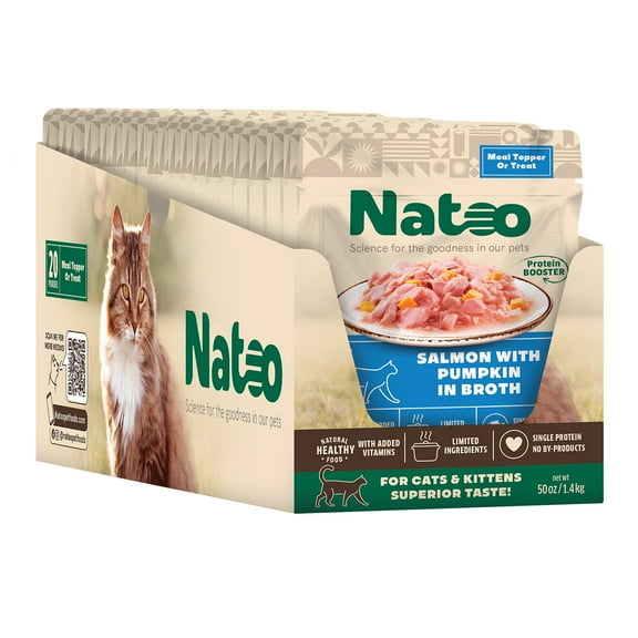 NATOO Cat Food Topper for Picky Eaters & Healthy Soft Cat Treat (Salmon & Pumpkin), Wet Food with Gravy, High Protein & Limited Ingredient, 2.4 oz (Case of 20)