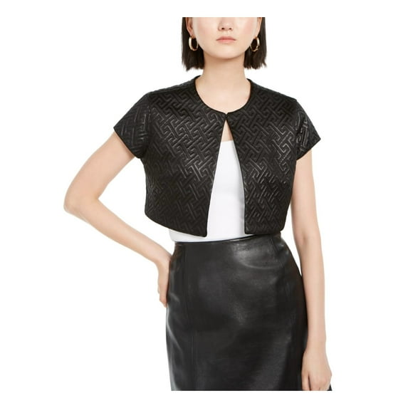 NATORI Womens Black Textured Vest Quilted Maze Short Sleeve Open Cardigan Evening Crop Top Bolero Straight leg Jacket L