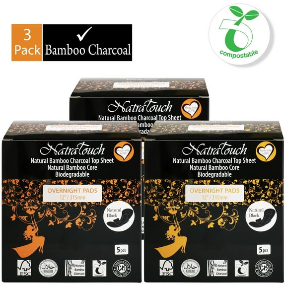 NATRATOUCH ~ COMPOSTABLE ~ Natural Bamboo Charcoal Sanitary Pads (Overnight Pad - 3 Pack Total 15 Pads)
