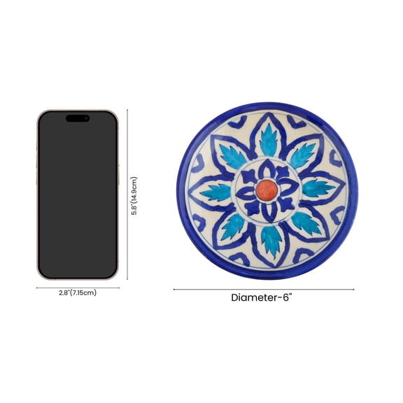 NATRIEL Handcrafts Rare Crafts of India Handpainted Decorative Ceramic Plates, Blue Pottery Clay, Traditional Floral Design, 6 Inch (Blue Mandala, 6")