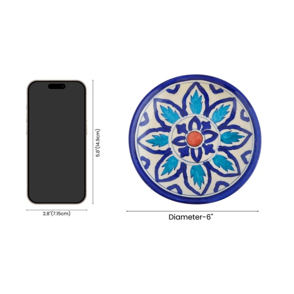 NATRIEL Handcrafts Rare Crafts of India Handpainted Decorative Ceramic Plates, Blue Pottery Clay, Traditional Floral Design, 6 Inch (Blue Mandala, 6")