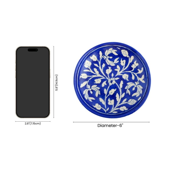 NATRIEL Handcrafts Rare Crafts of India Handpainted Decorative Ceramic Plates, Blue Pottery Clay, Traditional Floral Design, 6 Inch (Dark Blue - Leaf, 6")
