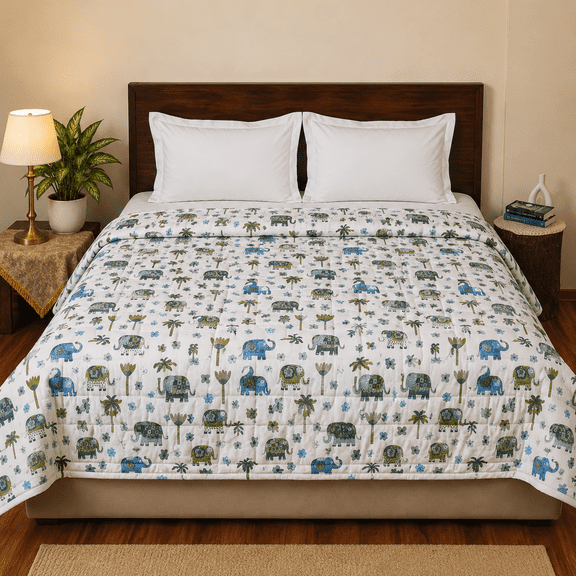 NATRIEL Premium Jaipuri Elephant Folk Print Double Bed Comforter | Handcrafted Cotton Comforter| Lightweight, Warm & Soft | Traditional Rajasthani Print | Reversible Double Bed Comforter