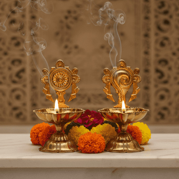 NATRIEL Pure Brass Shankh Chakra Diya, Gold Plated Oil Lamp, 4.1x10.5 cm, Pair of 2