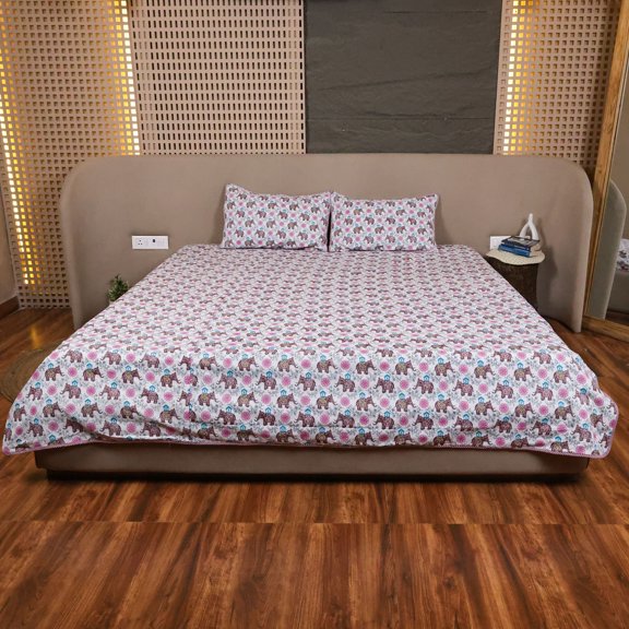 NATRIEL Pure Cotton Reversible Bedcover with Pillow Cover, Double Bed, Royal Elephant Bloom, Screen Printed, Machine Quilted, Soft Bedspread Set