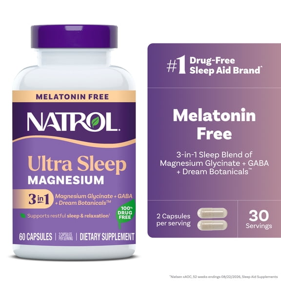 Natrol Ultra Sleep Magnesium, GABA, Magnesium Glycinate, Melatonin-Free for Restful Sleep, 60 Capsules