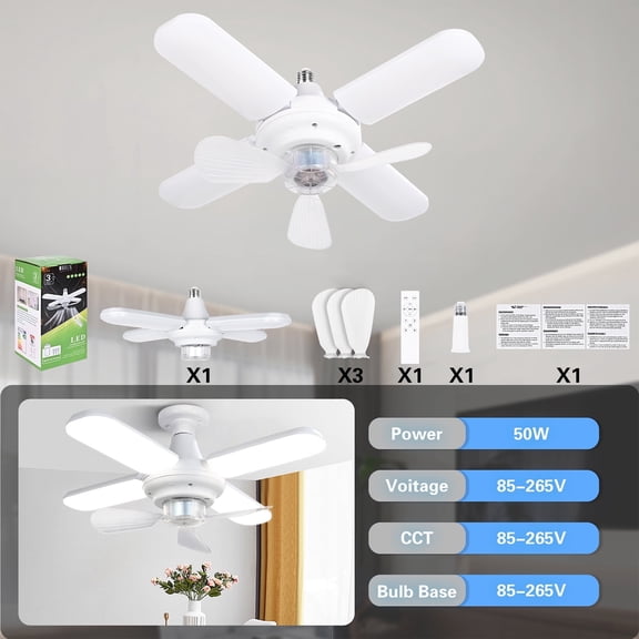 Natubeau 50W Deformable Shop Lights with 4 Adjustable Panels, 2-in-1 Screw-in Ceiling Fan Light, E26/E27 LED Ceiling Light for Bedrooms, Kitchens, Living Rooms, Garages