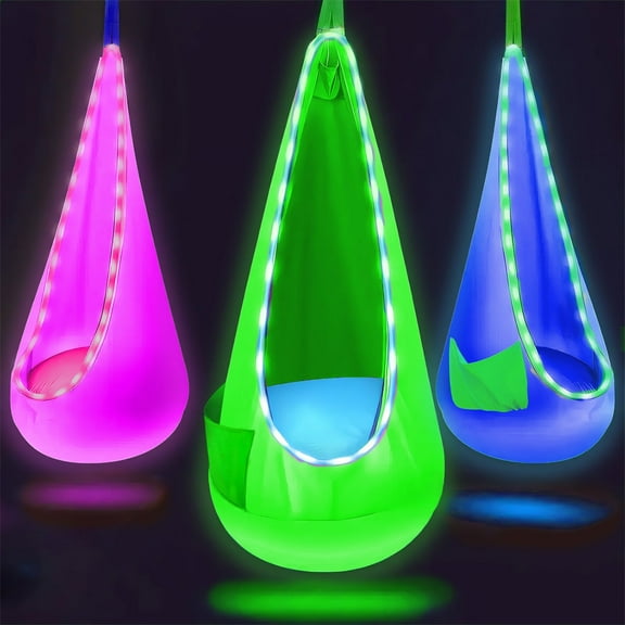 Natubeau Pod Swing Seat, Cotton Sensory Pod Swing Chair with Inflatable Pillow, Upgraded Hanging Hammock Chair with LED Lights, Pod Swing for Indoor & Outdoor, Green