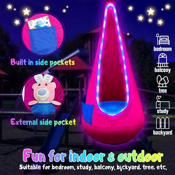 Natubeau Pod Swing Seat, Cotton Sensory Pod Swing Chair with Inflatable Pillow, Upgraded Hanging Hammock Chair with LED Lights, Pod Swing for Indoor & Outdoor, Pink