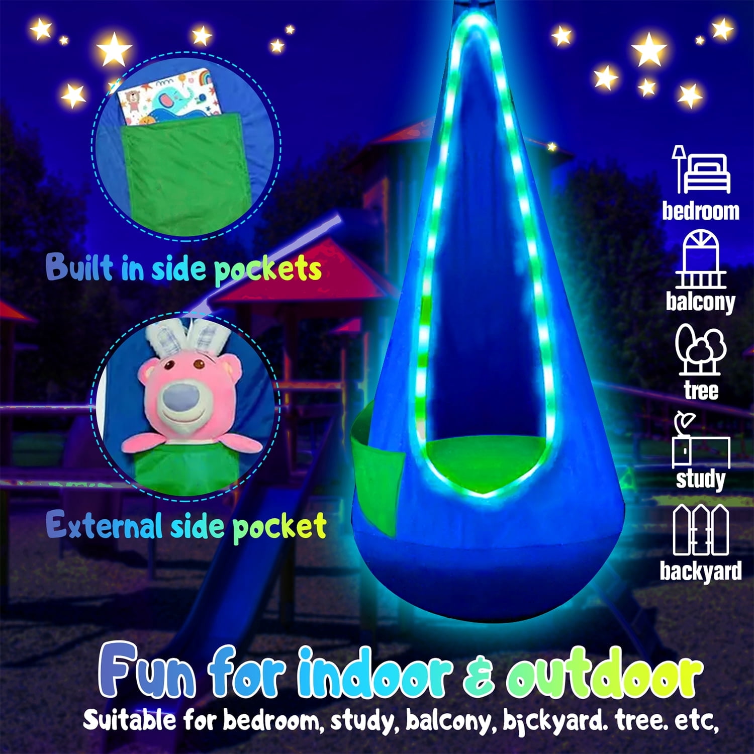 Natubeau Pod Swing Seat, Cotton Sensory Pod Swing Chair with Inflatable Pillow, Upgraded Hanging Hammock Chair with LED Lights, Pod Swing for Indoor & Outdoor, Blue