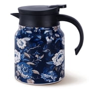 Natubeau Stainless Steel Hot Drink Insulated Flask, Blue 1000ml Vintage Floral Pattern Tea Thermos, Thermal Teapot with Infuser and Lid, Tea Infuser Pot