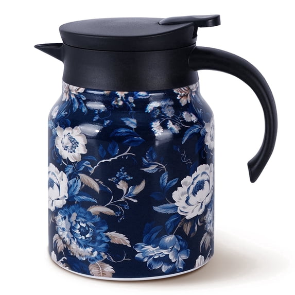 Natubeau Stainless Steel Hot Drink Insulated Flask, Blue 1000ml Vintage Floral Pattern Tea Thermos, Thermal Teapot with Infuser and Lid, Tea Infuser Pot