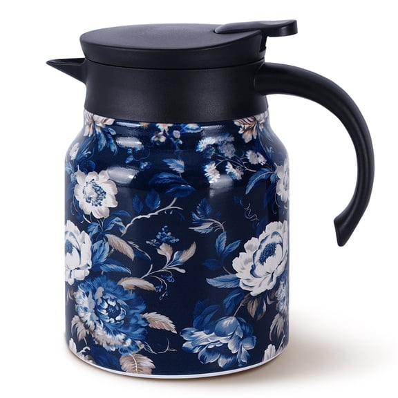 Natubeau Stainless Steel Hot Drink Insulated Flask, Blue 1000ml Vintage Floral Pattern Tea Thermos, Thermal Teapot with Infuser and Lid, Tea Infuser Pot