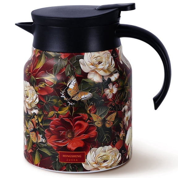 Natubeau 1000ml Red Vintage Floral Stainless Steel Insulated Teapot, Hot Drink Thermos with Tea Infuser & Lid
