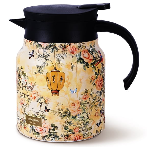 Natubeau Stainless Steel Hot Drink Insulated Flask, Yellow 1000ml Vintage Floral Pattern Tea Thermos, Thermal Teapot with Infuser and Lid, Tea Infuser Pot