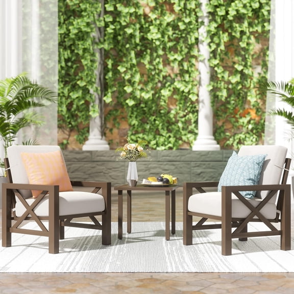 NATURAL EXPRESSIONS 3-Piece Patio Bistro Set, Patio Conversation Furniture Set with 2 Chairs and 1 Metal Coffee Table, for Backyard,Porch,Poolside, Beige