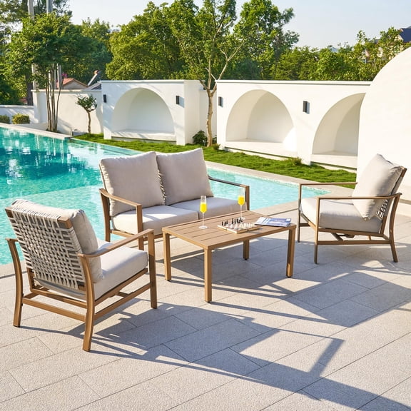 NATURAL EXPRESSIONS 4 Pieces Patio Furniture Sets, Modern Metal Outdoor Conversation Sets with High Back All Weather Hand-Woven Rope Rocking Chairs, Loveseat, Metal Table, 6" Thick Olefin Cushions