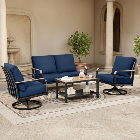 NATURAL EXPRESSIONS 4 Pieces Patio Furniture Sets, Outdoor Conversation Sofa Sets with High Back Swivel Rocking Chairs,Loveseat, Double-Deck Wooden-Grain Metal Table, Blue