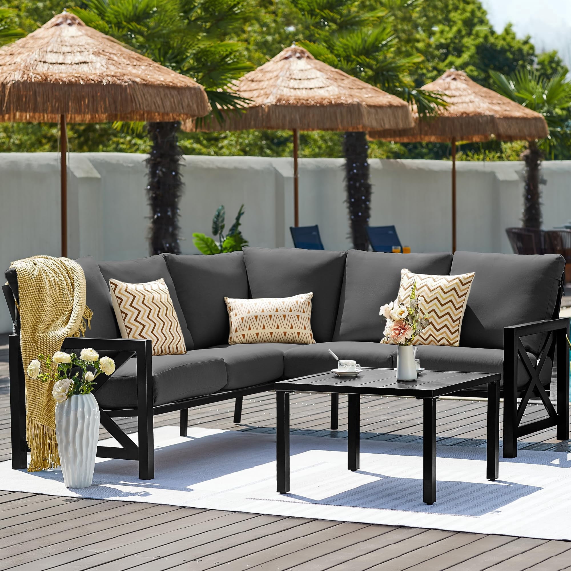 NATURAL EXPRESSIONS 6 Pieces Patio Furniture Sets, Metal Outdoor Sectional Furniture L Shape Patio Conversation Sets, Metal Table, Large Waterproof Cover, 6.5" Olefin Cushions,Dark Grey