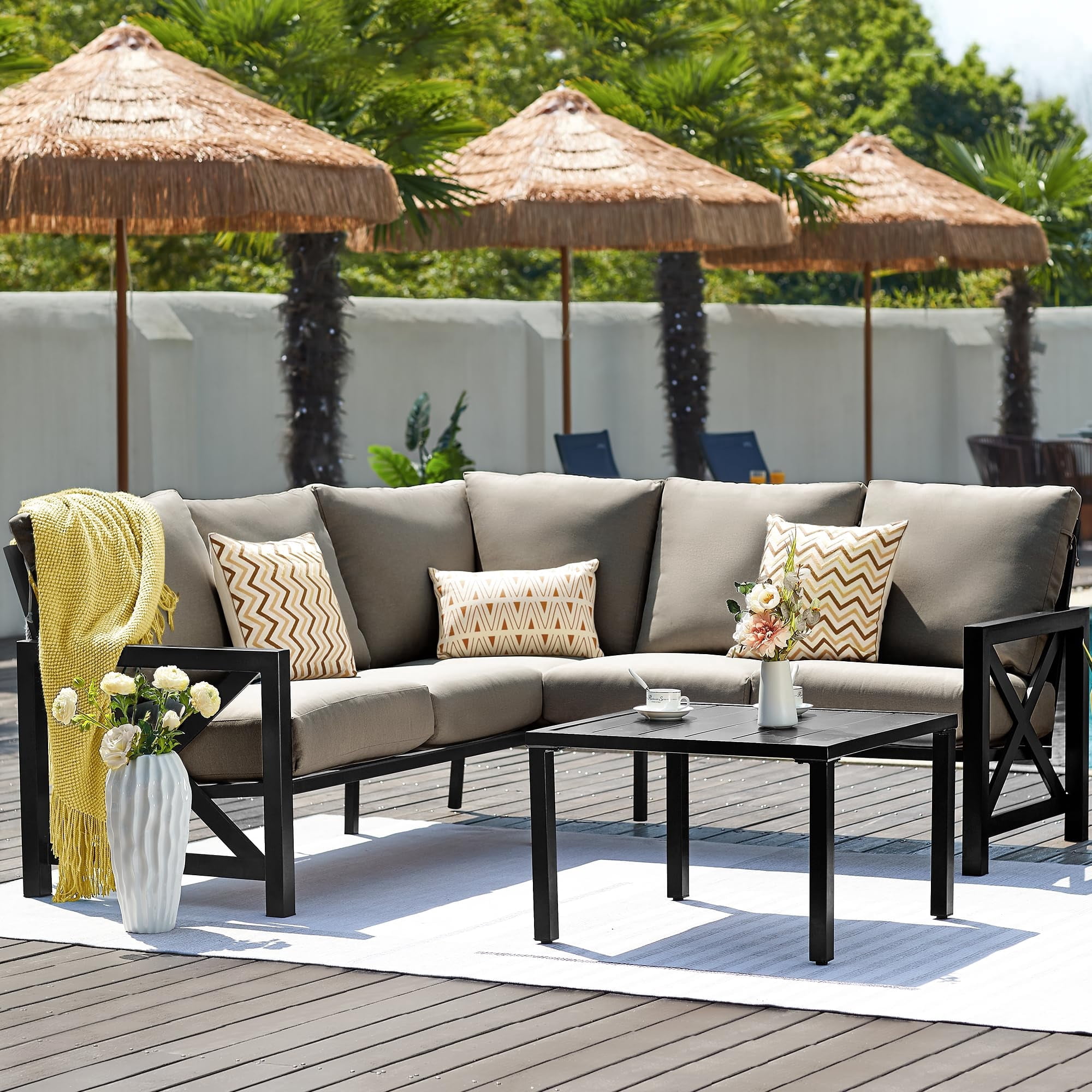 NATURAL EXPRESSIONS 6 Pieces Patio Furniture Sets, Metal Patio L Shape Sectional Couch Sofa Conversation Sets with 6.5" Shale Cushions,HighBack Hand-Brush Black Frame