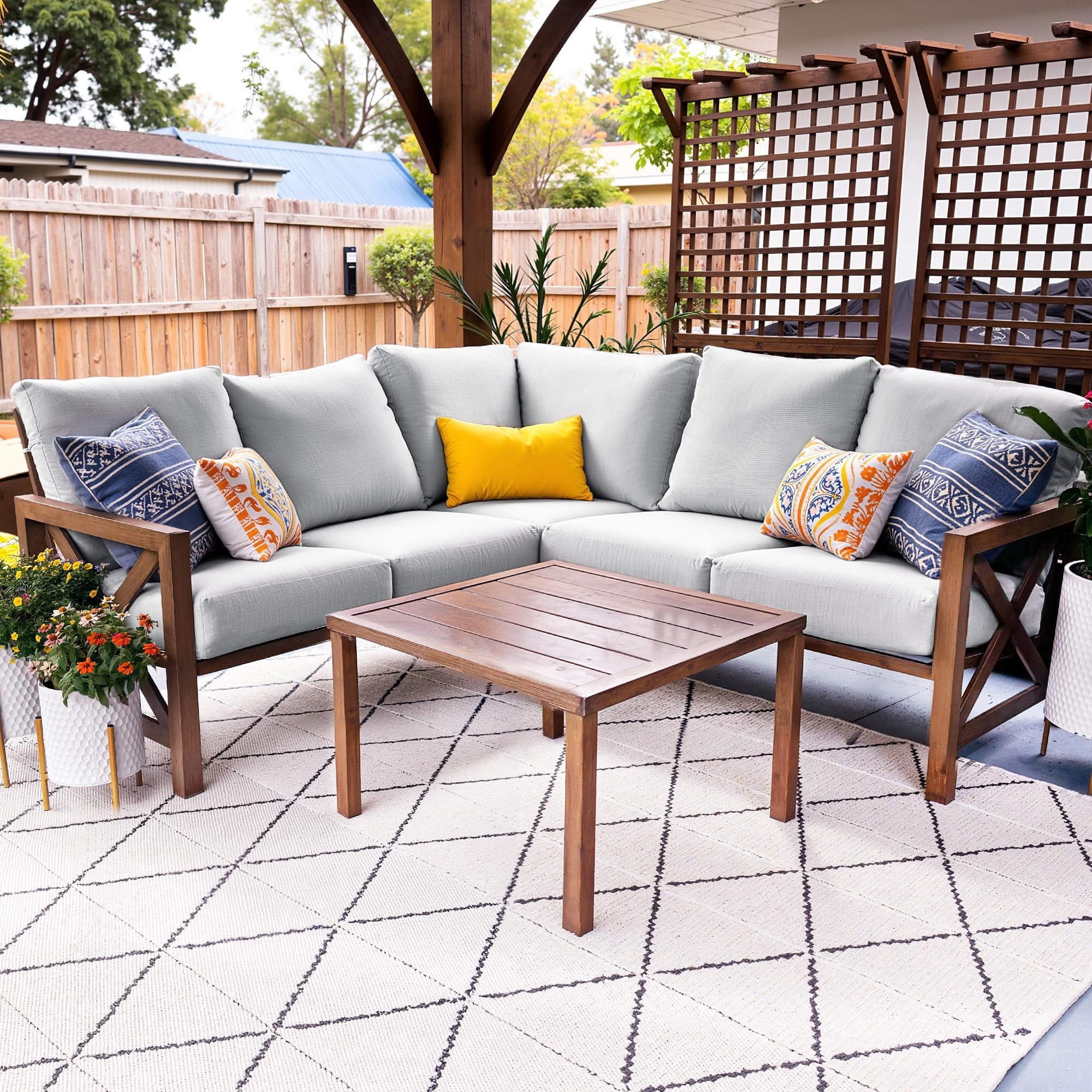 NATURAL EXPRESSIONS 6 Pieces Patio Furniture Sets,Sunbrella Outdoor Furniture Sets Patio L Shape Sectional Couch Sofa Patio Conversation Sets with 6.5" Grey Cushions