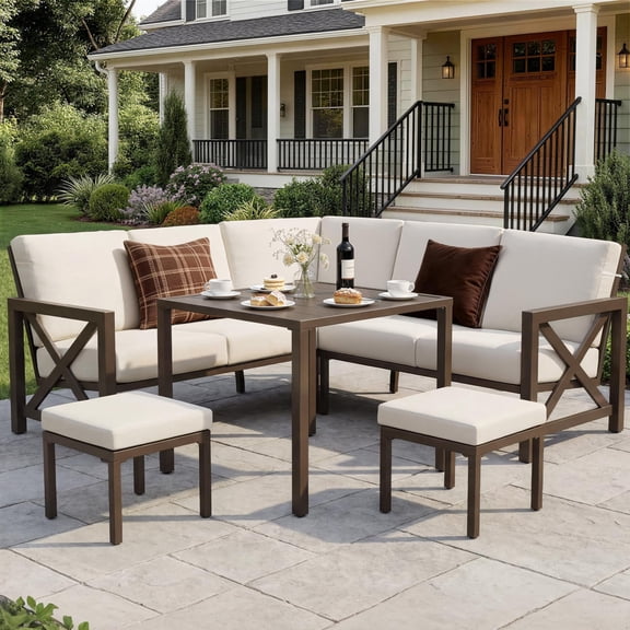 NATURAL EXPRESSIONS 8 Pieces Patio Furniture Sets,Metal Outdoor L Shape Conversation Set, Highback Patio Sofa with Dining Table,2 Ottomans,Large Waterproof Cover，Beige
