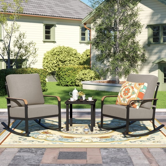 NATURAL EXPRESSIONS Glider Rocking Chair Bistro Set, 3 Pieces Outdoor Patio Furniture Conversation Set with 2 Rocker Chairs, 1 Table and Thick Cushions for Backyard, Porch, Balcony, 350lbs, Shale