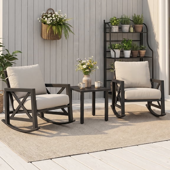 NATURAL EXPRESSIONS Outdoor Patio Rocking Furniture Set, 3 Pieces Bistro Set with Metal Coffee Table and Thickened Cushions, Beige
