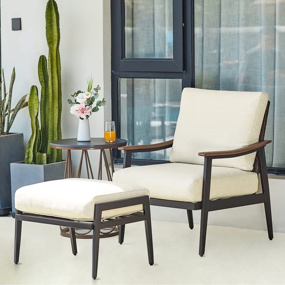 NATURAL EXPRESSIONS Patio Outdoor Chair with Ottoman, High Back Wicker Backrest Sofa, 6" Removable Cushion for Porch, Deck, Garden