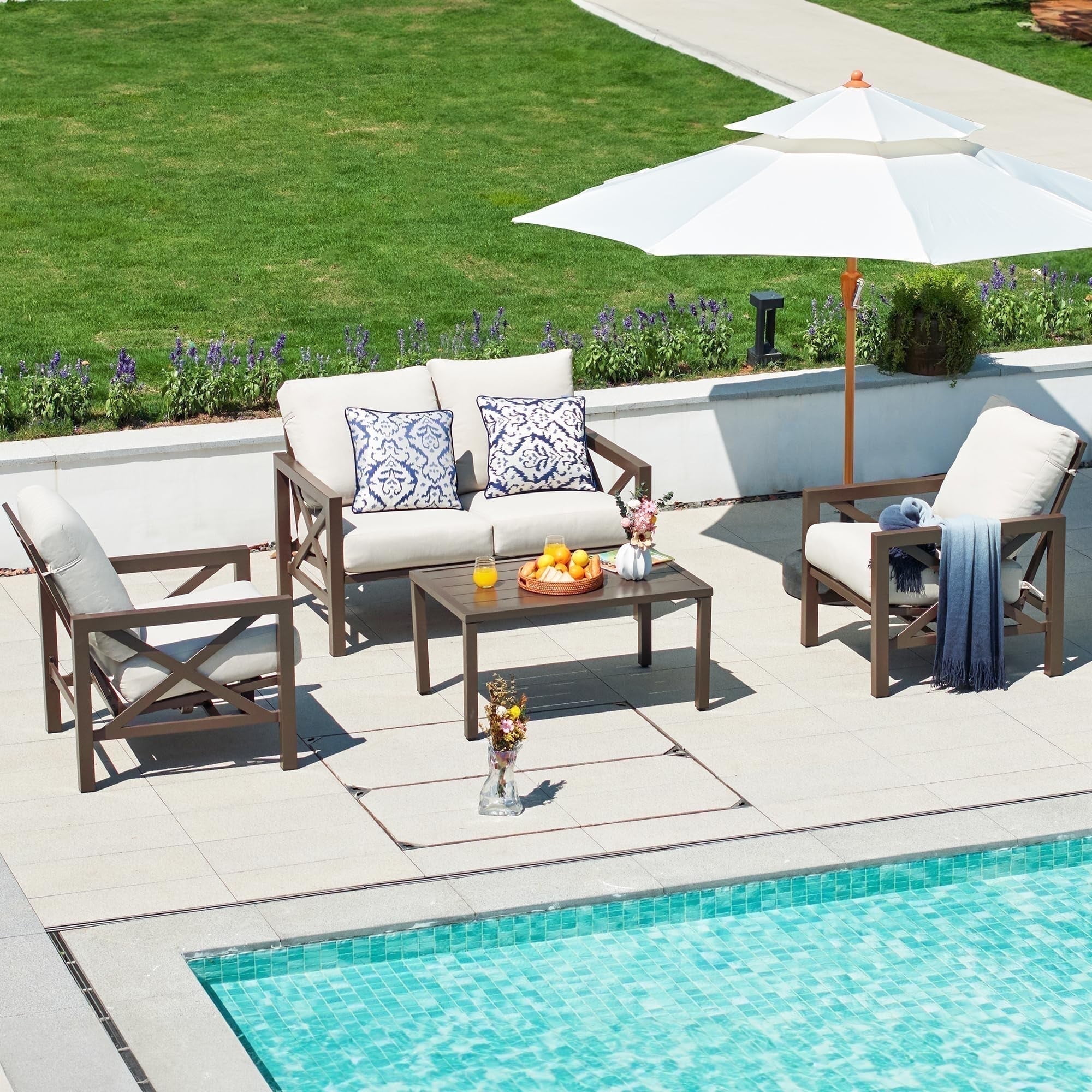 NATURAL EXPRESSIONS Patio Furniture Sets, 4 Pieces Outdoor Furniture Modern Metal Patio Sectional Sofa Conversation Set,2 Motion Rocking Chairs,6.5" Olefin Cushions for Yard,Porch,Poolside