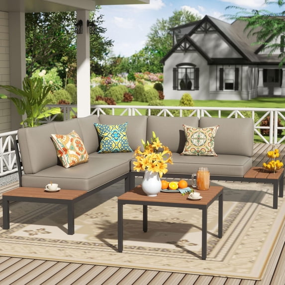 NATURAL EXPRESSIONS Patio Furniture Sets, L Shape Patio Sectional Metal Outdoor Sectional Corner Sofa with Detachable Backrest,3 Fauxwood Tables,5” Shale Olefin Cushions