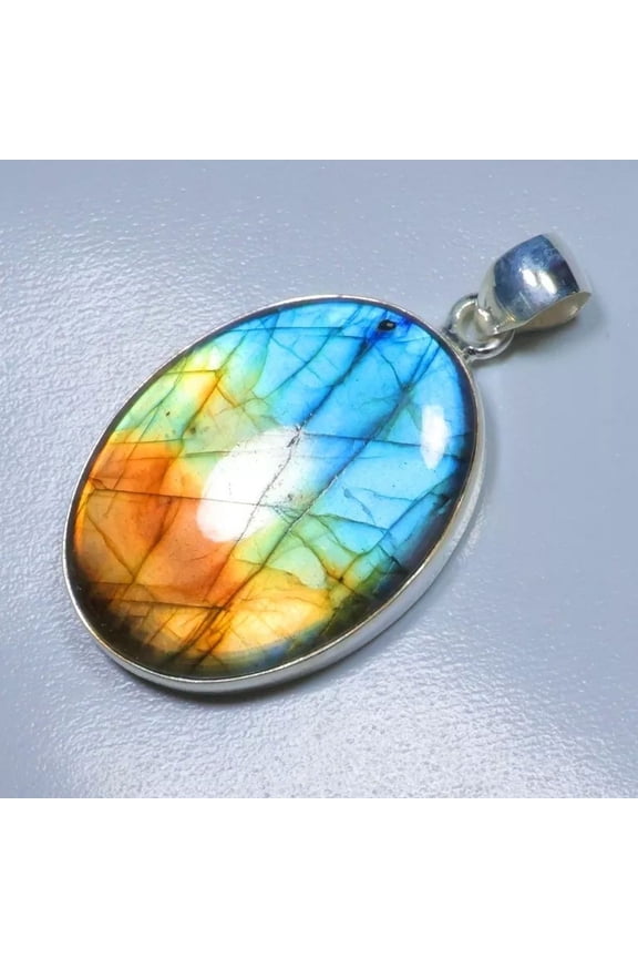 NATURAL FIRE LABRADORITE -925 STERLING SILVER GEMSTONE ANTIQUE DESIGN OVAL PENDANT JEWELRY