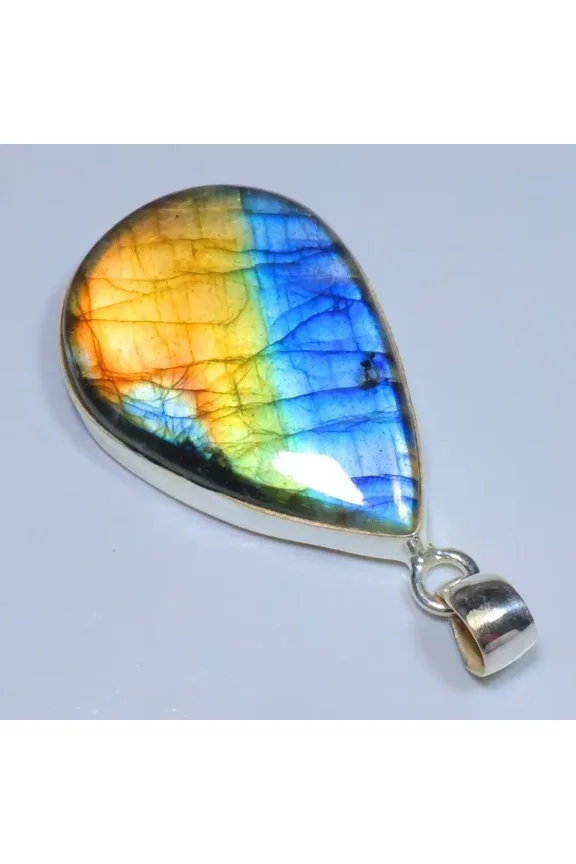NATURAL FIRE LABRADORITE -925 STERLING SILVER GEMSTONE ANTIQUE DESIGN PEAR PENDANT JEWELRY