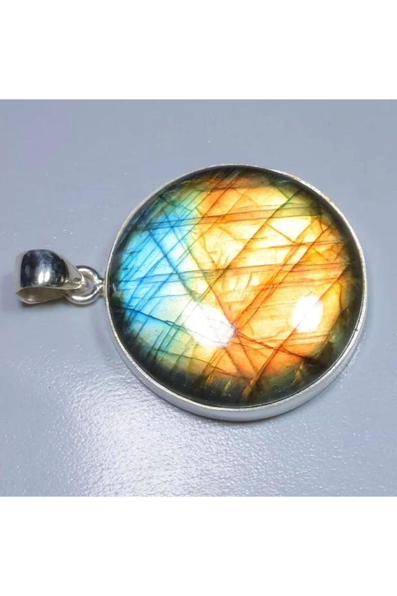 NATURAL FIRE LABRADORITE -925 STERLING SILVER GEMSTONE ANTIQUE DESIGN ROUND PENDANT JEWELRY