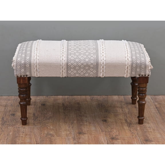 NATURAL FURNISH Entryway Mango Wooden Bench Table for Home Dining Room Bedroom| 2 Seater Bench | Modern Design Handmade Cotton Fabric upholstered 31.4"D x 15.7"W x 17.7"H(White)