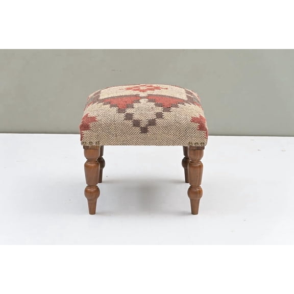 NATURAL FURNISH Handmade Jute Fabric Ottoman | Soft Square Shape Stool for Sitting & Foot Rest with Wooden Legs | Modern Entryway Stool for Living Room, Bedroom and Hall (Beige-Red)