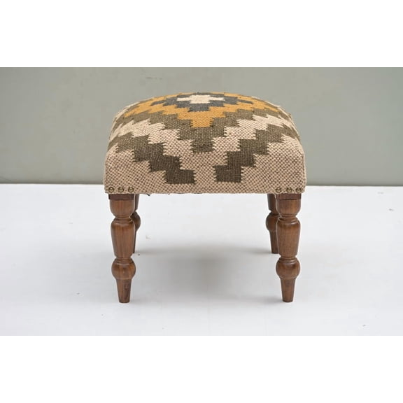 NATURAL FURNISH Handmade Jute Fabric Ottoman | Soft Square Shape Stool for Sitting & Foot Rest with Wooden Legs | Modern Entryway Stool for Living Room, Bedroom and Hall (Beige-Pista Green)